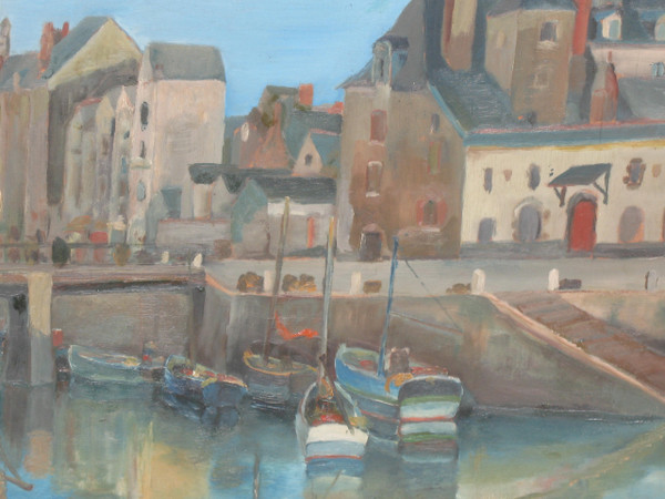 Port du Croisic oil on isorel signed Georges Demoulin Port scene