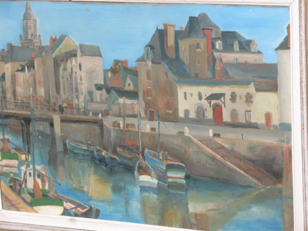 Port du Croisic oil on isorel signed Georges Demoulin Port scene