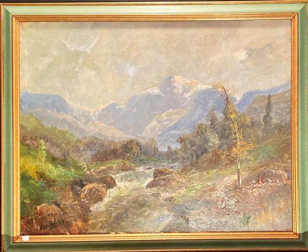 Painting, mountain landscape signed A Godchaux