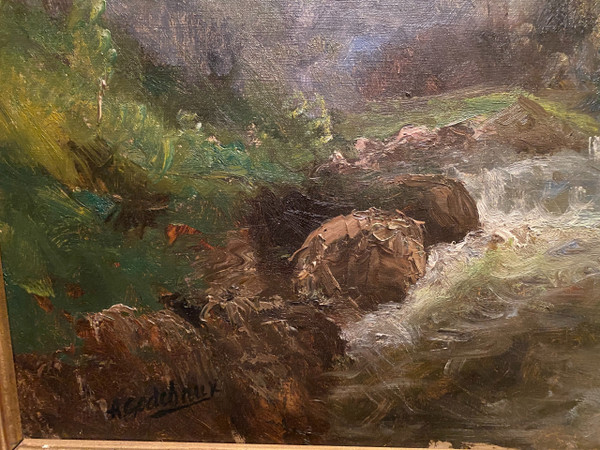 Painting, mountain landscape signed A Godchaux