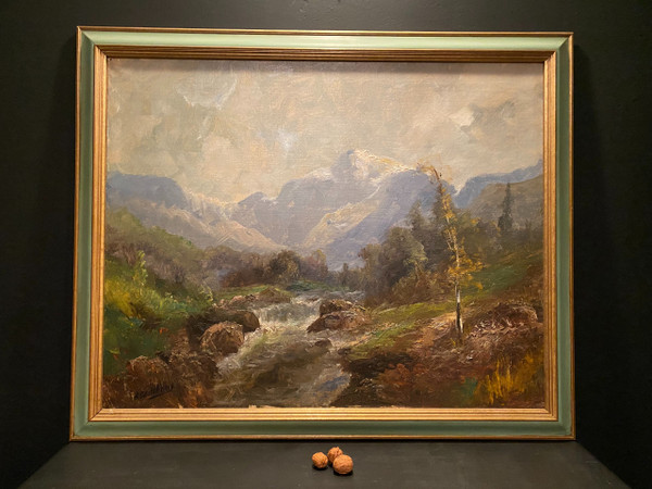 Painting, mountain landscape signed A Godchaux