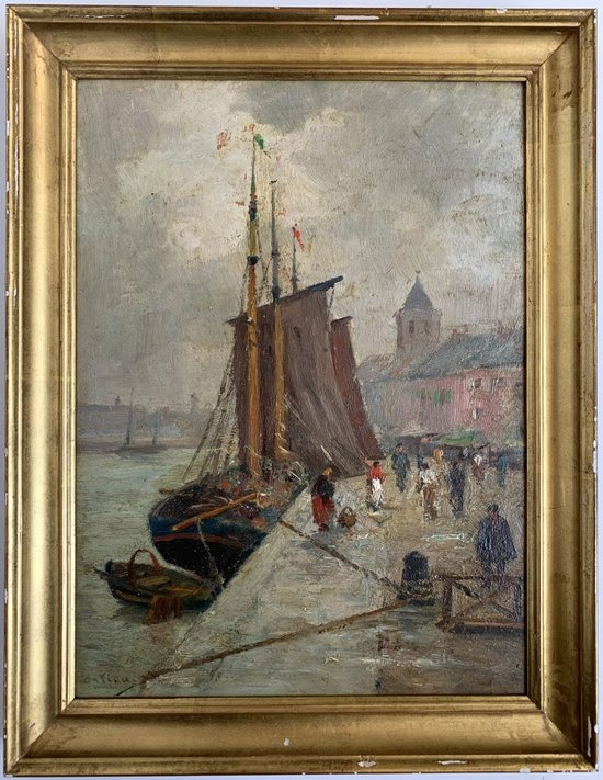 Paul Ortiou (1867-?) - Oil, Boat at Quay, Marine, Port Animé