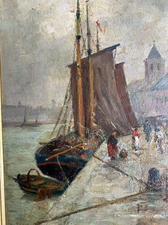 Paul Ortiou (1867-?) - Oil, Boat at Quay, Marine, Port Animé