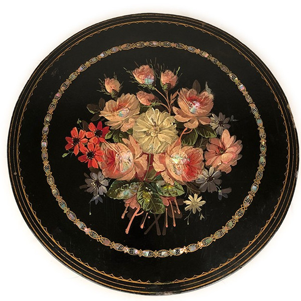 Napoleon III pedestal table, tray with painted decoration of flowers and burgot