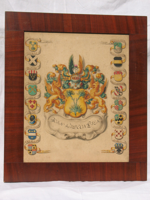 6 gouaches with heraldic decoration signed Horst genealogy with coats of arms by Joan Loten th. 18th