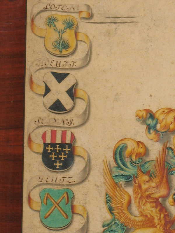 6 gouaches with heraldic decoration signed Horst genealogy with coats of arms by Joan Loten th. 18th