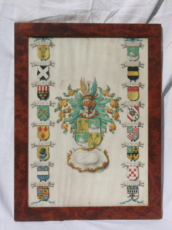 6 gouaches with heraldic decoration signed Horst genealogy with coats of arms by Joan Loten th. 18th