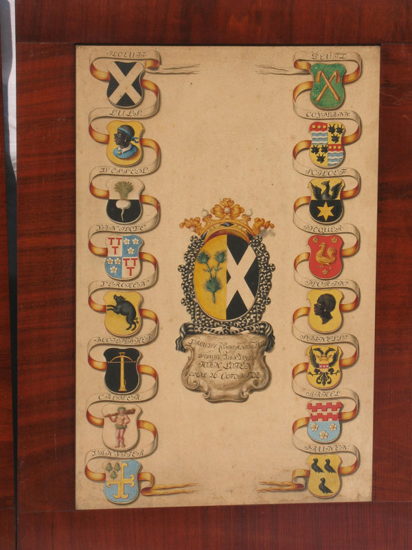 6 gouaches with heraldic decoration signed Horst genealogy with coats of arms by Joan Loten th. 18th