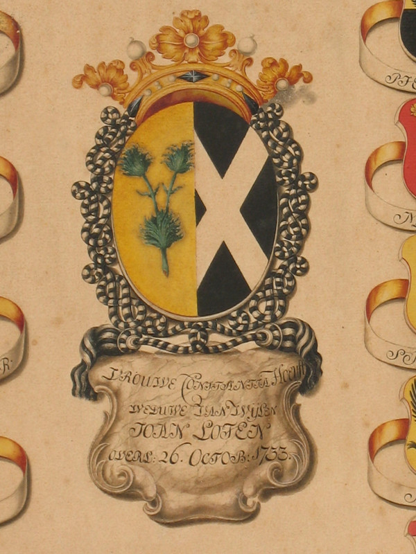 6 gouaches with heraldic decoration signed Horst genealogy with coats of arms by Joan Loten th. 18th