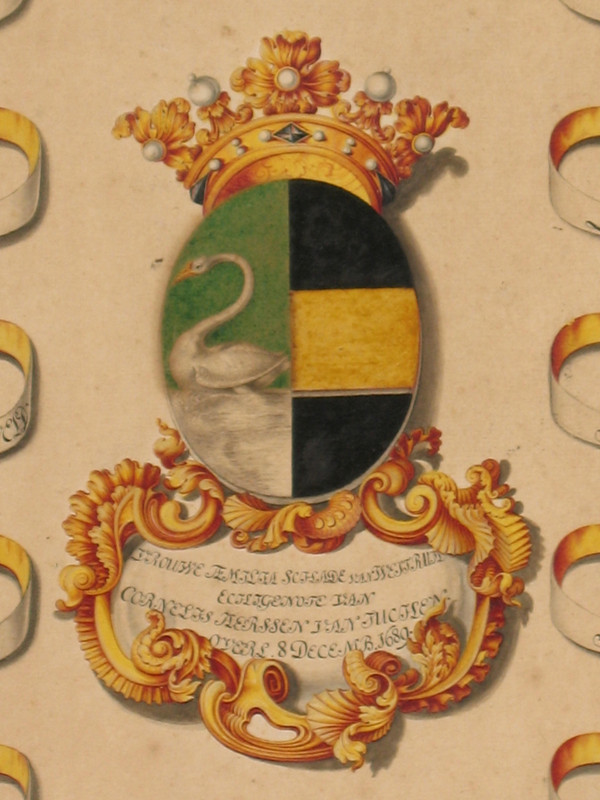 6 gouaches with heraldic decoration signed Horst genealogy with coats of arms by Joan Loten th. 18th