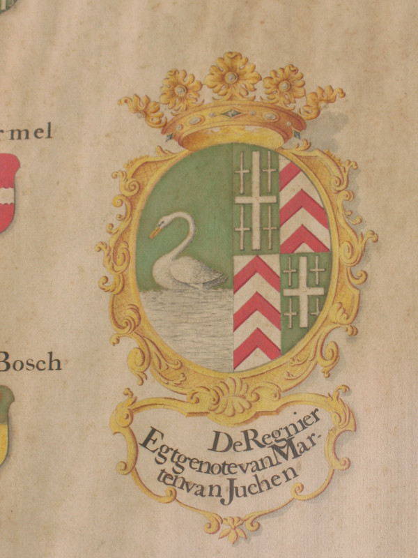 6 gouaches with heraldic decoration signed Horst genealogy with coats of arms by Joan Loten th. 18th