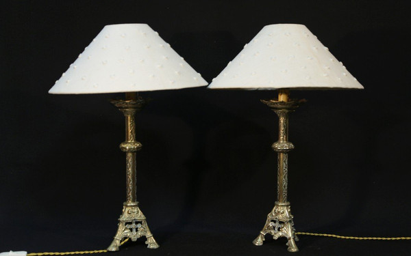 Paire De Lampes En Bronze Néogothique