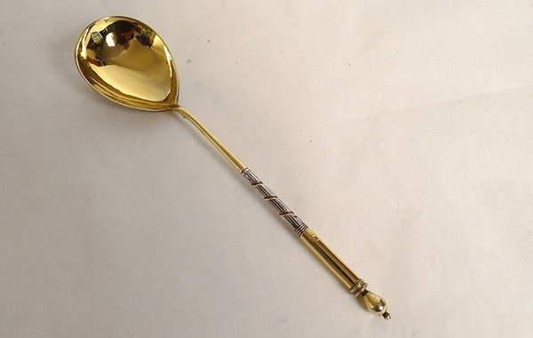 Caviar Spoon Silver Vermeil Russian Niello Twisted Moscow Kremlin View 20th