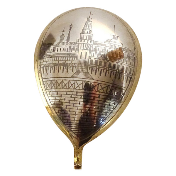 Caviar Spoon Silver Vermeil Russian Niello Twisted Moscow Kremlin View 20th