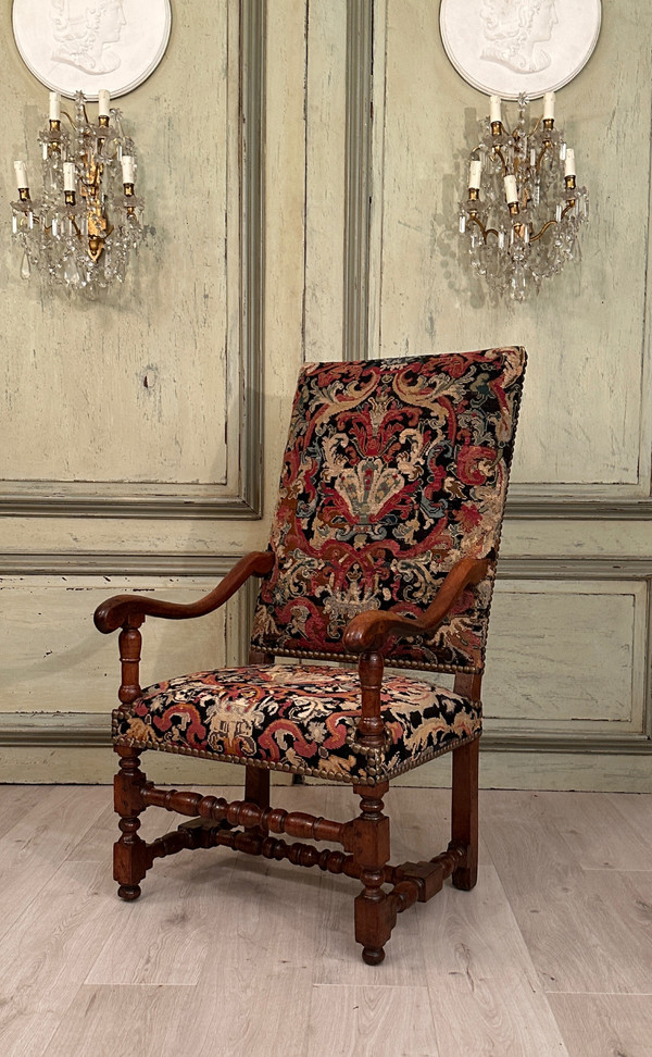 Armchair With Flat Back In Walnut, Louis XIV XVIIth Period