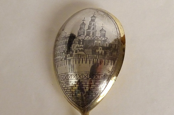 Caviar Spoon Silver Vermeil Russian Niello Twisted Moscow Kremlin 20th