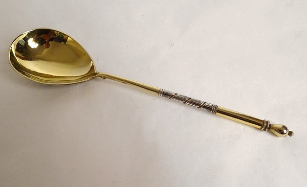 Caviar Spoon Silver Vermeil Russian Niello Twisted Moscow Kremlin 20th