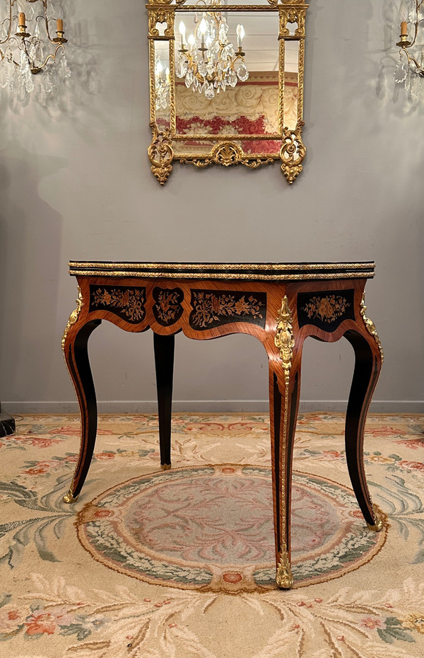 Console Game Table In Marquetry From Napoleon III Period Circa 1870