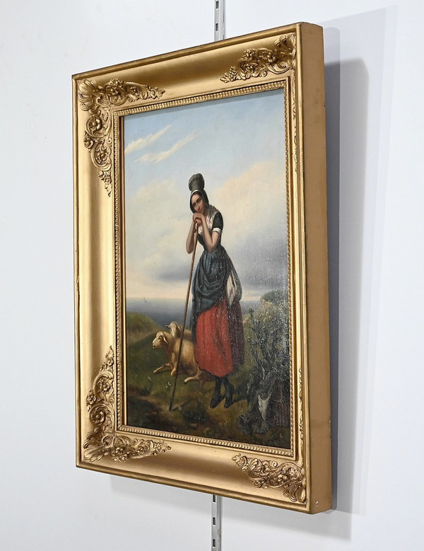 Peinture à l’huile, « La Bergère », École du XIXe – 2ème partie XIXe