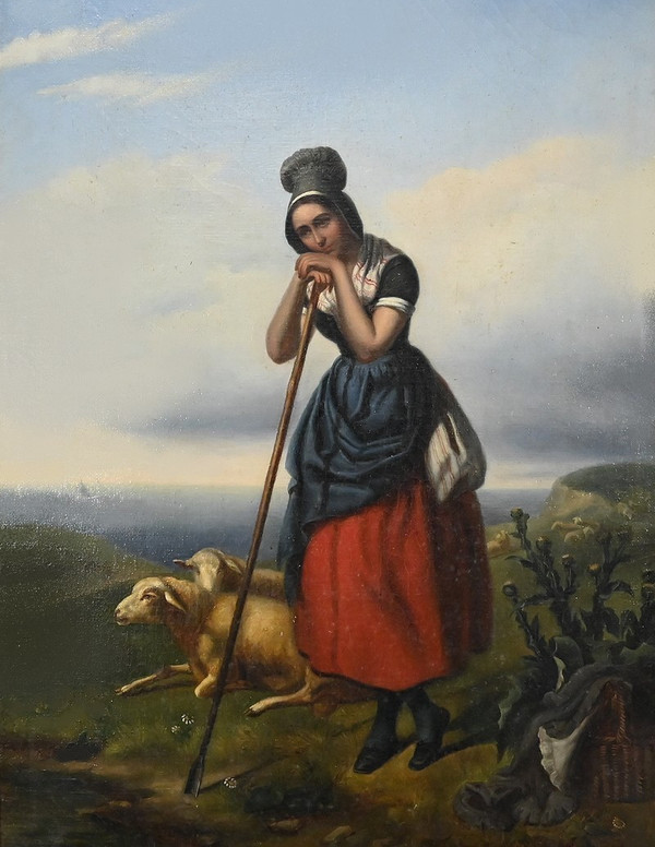 Peinture à l’huile, « La Bergère », École du XIXe – 2ème partie XIXe