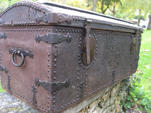 17th Century Studded Leather Travel Trunk.