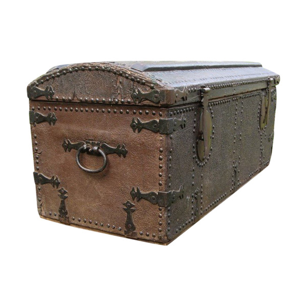 17th Century Studded Leather Travel Trunk.