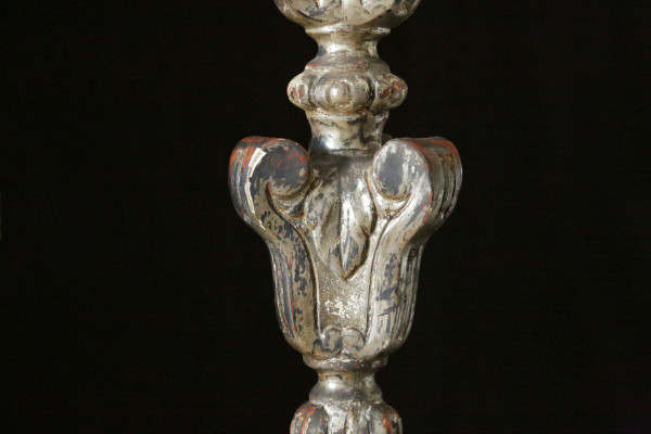 Pair Of Torches, Candlestick, Silvered Wood 18th Century