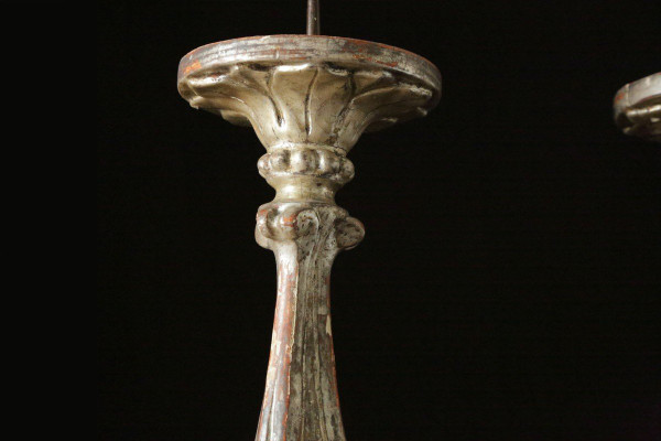 Pair Of Torches, Candlestick, Silvered Wood 18th Century