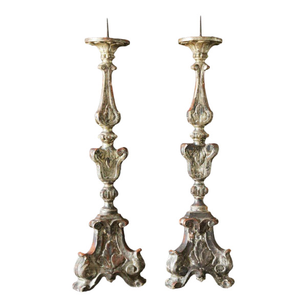 Pair Of Torches, Candlestick, Silvered Wood 18th Century