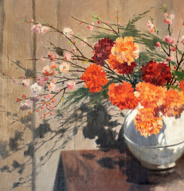  Still Life Carnation Flowers Painting Oil On Canvas