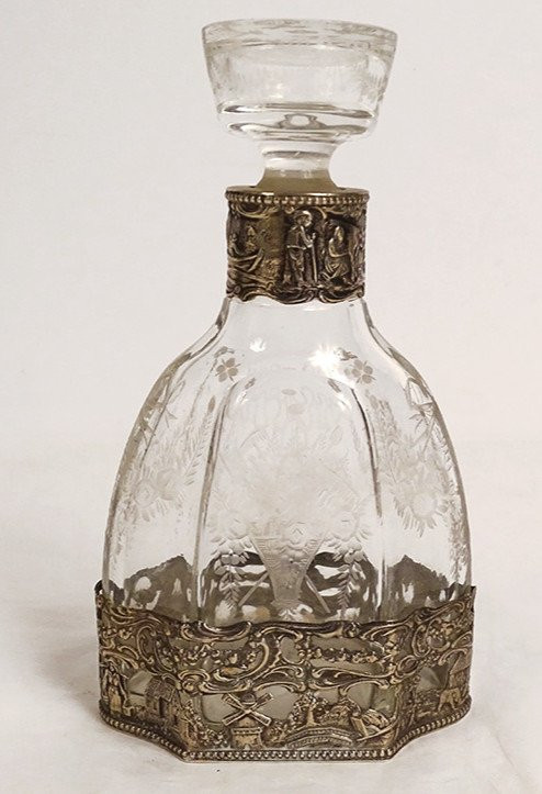 Engraved Silver Crystal Bottle German Characters Windmill Boat 19th century