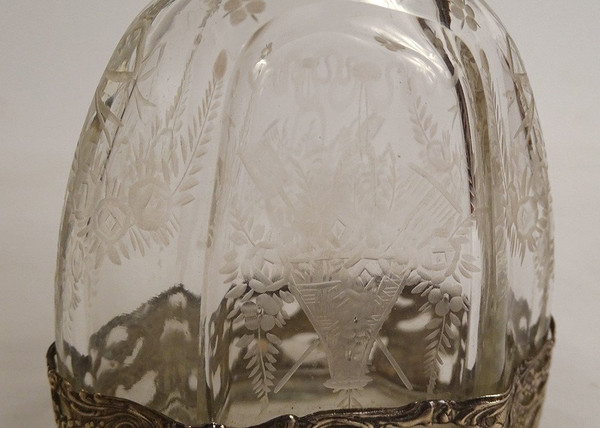 Engraved Silver Crystal Bottle German Characters Windmill Boat 19th century