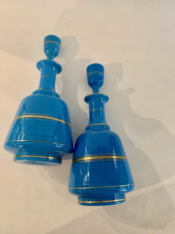 Pair Of Flag Blue Opaline Bottles