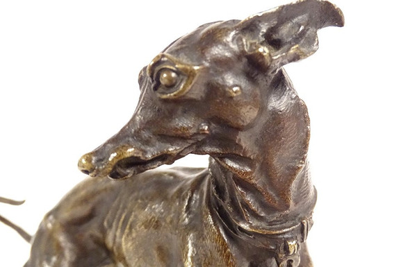 Kleine Bronzeskulptur Pierre-Jules führt Windhundhund Plock 1854 19. Jahrhundert