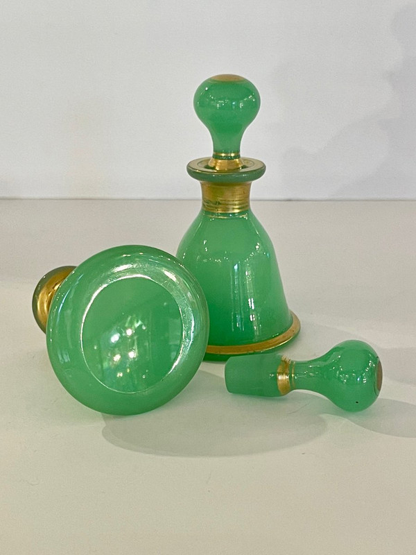 Baccarat: Pair Of Small Bottles In Green Opaline