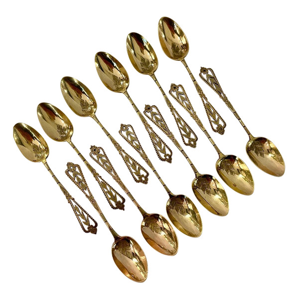 Series Of Twelve Mocha Spoons In Silver And Vermeil