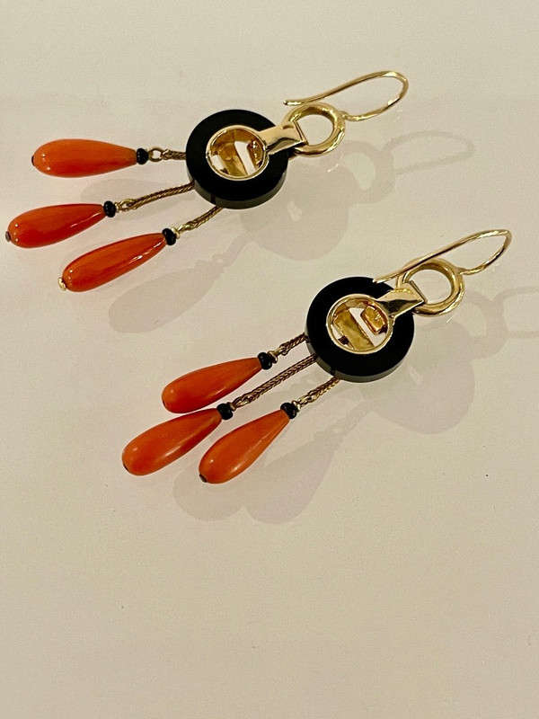 Gold, Onyx and Coral Earrings