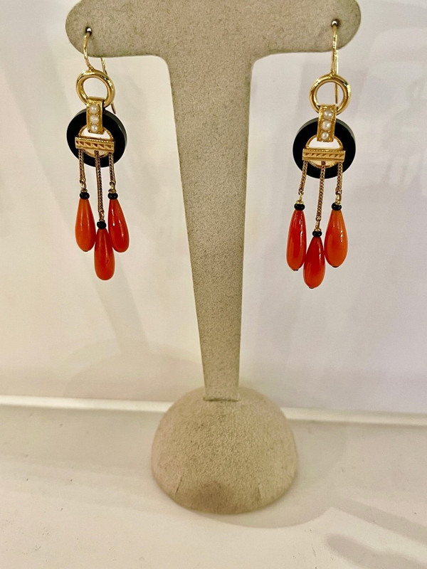 Gold, Onyx and Coral Earrings