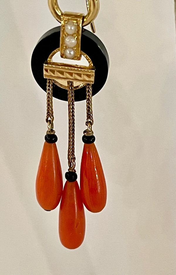 Gold, Onyx and Coral Earrings