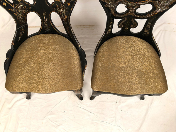 Fake pair of Napoleon III chairs, blackened wood and burgundy boiled cardboard