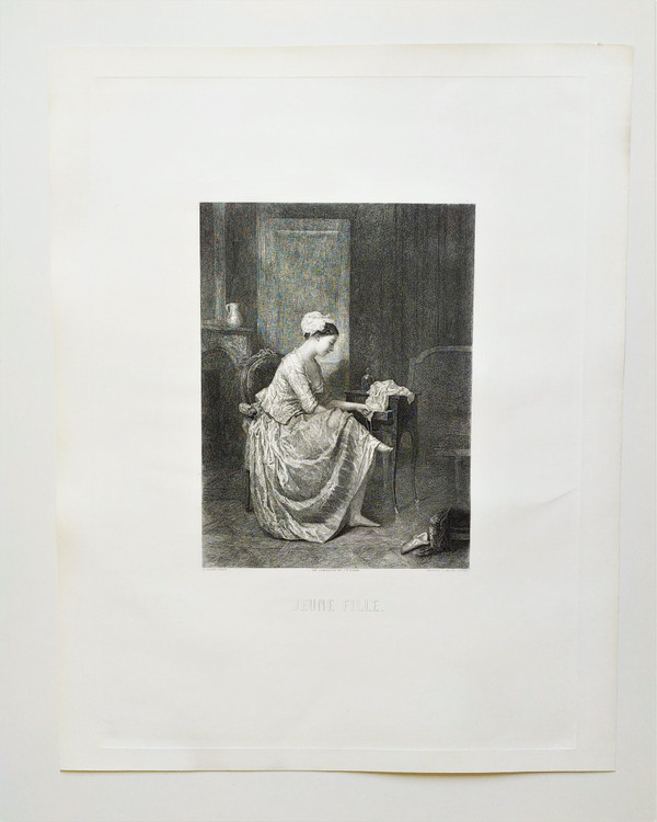 Etching by Eugène Gervais Portrait Of Young Girl Engraving 19th C Old Print