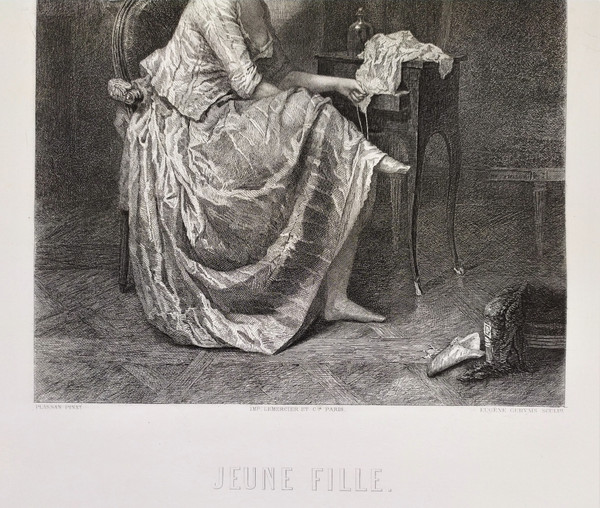 Etching by Eugène Gervais Portrait Of Young Girl Engraving 19th C Old Print