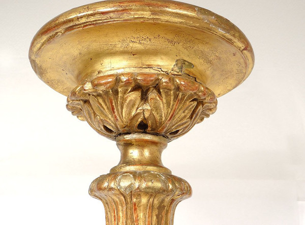 Large Candle Holder Golden Stuccoed Wood Cherub Heads Acanthus XVIIIth