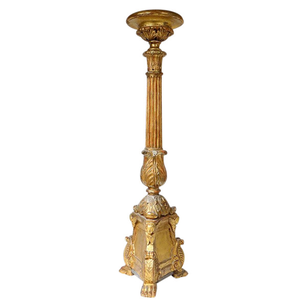 Large Candle Holder Golden Stuccoed Wood Cherub Heads Acanthus XVIIIth