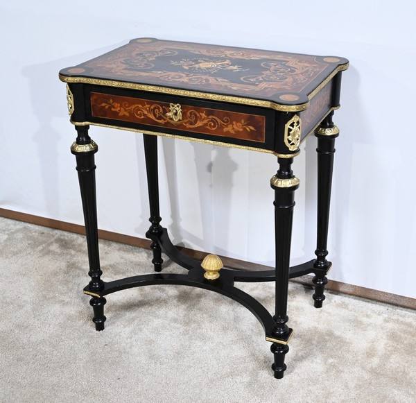 Small Table in Blackened Pear and Thuya Burl, Louis XVI style, Napoleon III period – Mid-19th century