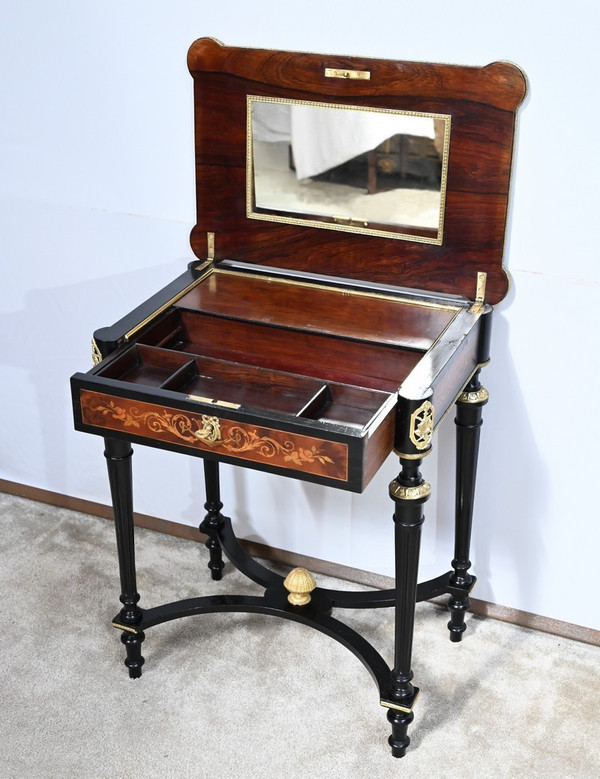 Small Table in Blackened Pear and Thuya Burl, Louis XVI style, Napoleon III period – Mid-19th century