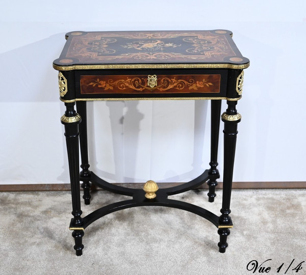 Small Table in Blackened Pear and Thuya Burl, Louis XVI style, Napoleon III period – Mid-19th century