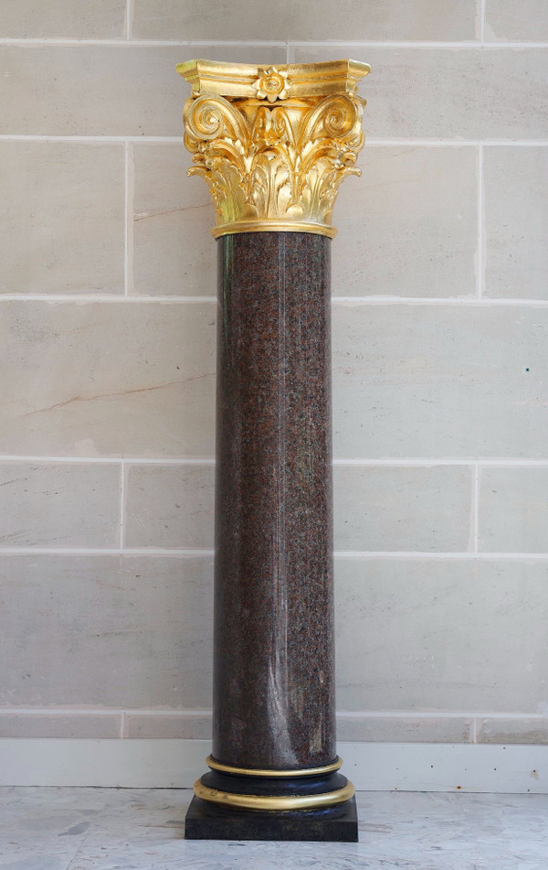 Large Red Granite and Gilt Bronze Column in Neoclassical style