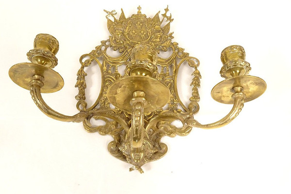 Pair of Wall Lamps 3 Lights Bronze Louis XIV Arms France Fleurs Lys Putti 19th