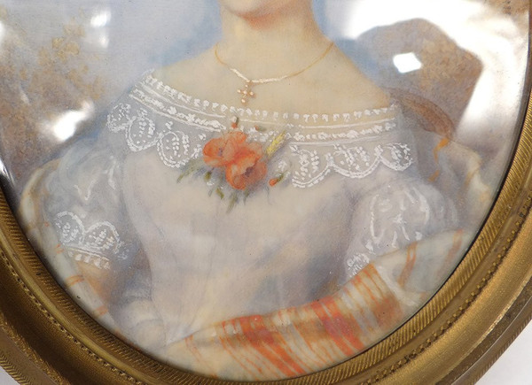 Oval Miniature Signed Vve Lallemand Portrait Young Woman Flowers 19th